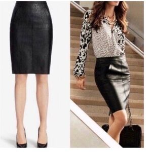 CAbi Black Faux Leather Mini Skirt Size 14 Zip Back Slit Classic Chic